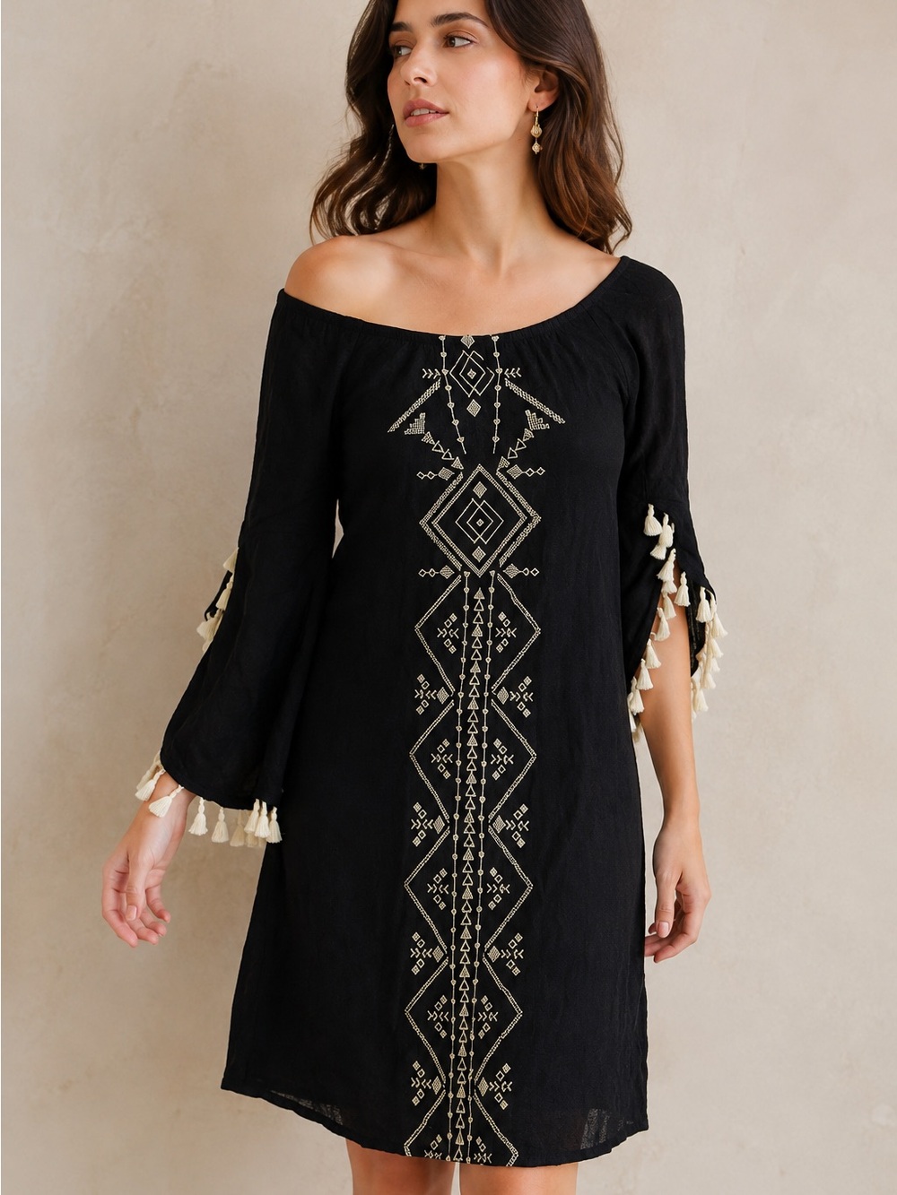 Shoreline Black White Boho Tassel Embroidered Shift Midi Festival Dress
